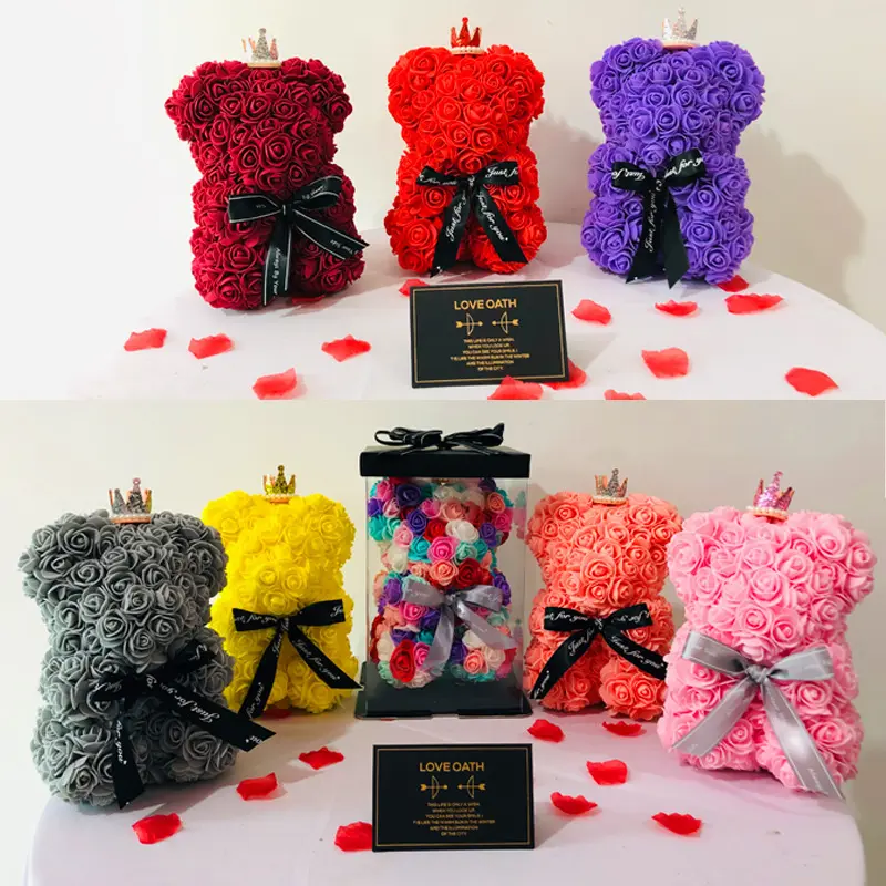 Valentines Day Christmas Gift Artificial Flower Rose Bear 25cm with Gift Box