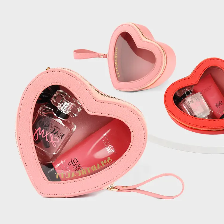 High Quality Hard Heart Shaped PVC Pink Cosmetic Bag Travel Skincare Bag Custom Logo Makeup Bag