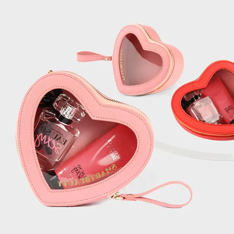 Makeup Case Pink Heart Shaped Transparent Windows Makeup Bag Hard Makeup Case High Quality Cosmetic Bag