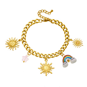 Gold Plated Stainless Steel Sun Face Ceramic Rainbow Pendant Necklace <b>Bracelet</b> <b>Set</b> Unisex Jewelry Fashion Accessory - Product Image 5