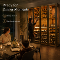 Armoire à vin moderne vintage personnalisée avec cadre en acier inoxydable, porte vitrée, intérieur LED chaud, rangement autoportant pour la maison