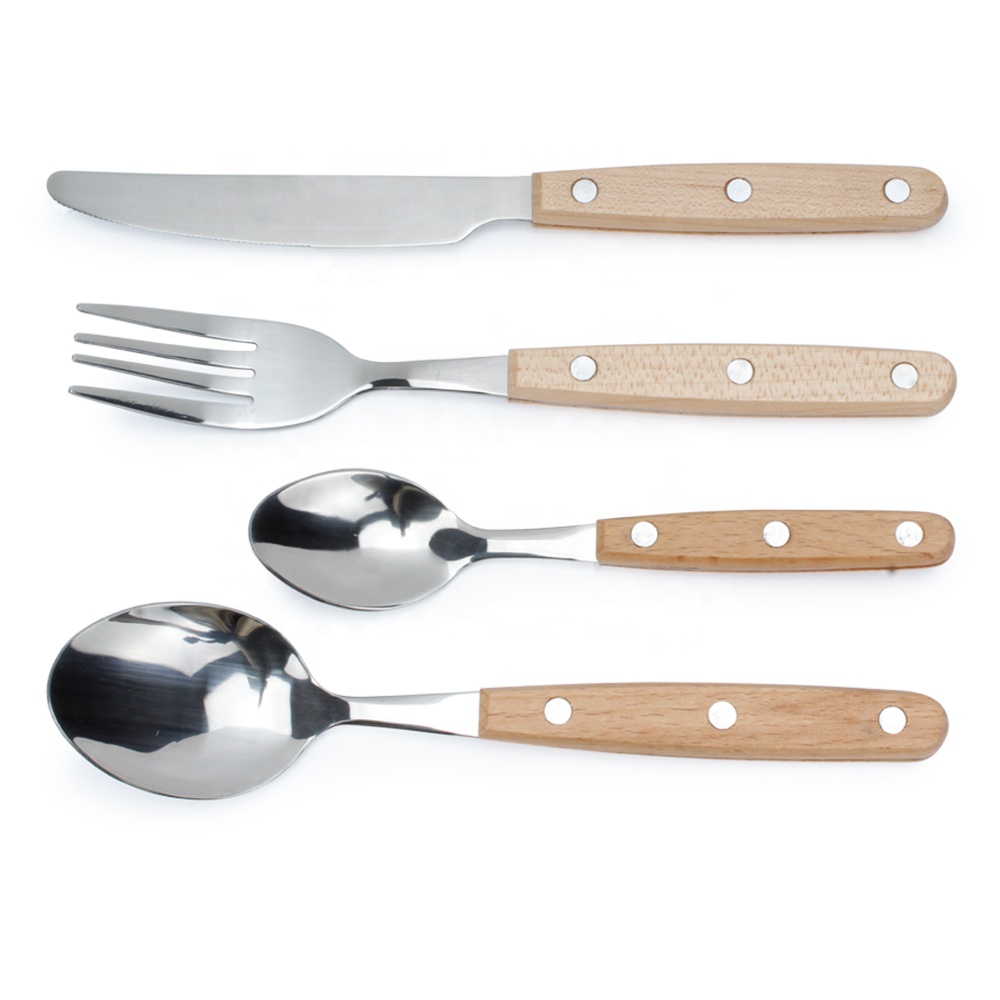 Three Rivet Flatware Real Natural Wood Handle with Stainless Steel Cutlery Set 16 PC