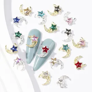Qianya grosir berlian imitasi mewah jimat kuku berlian stiker kuku emas perak paduan 3D Sailor Moon bintang jimat kuku