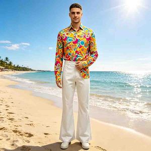 Costume hippie des années 70 pour hommes, chemisier rétro coloré à manches longues pour scène, danse, discothèque, fête, Halloween, cosplay, polyester - Product Image 2