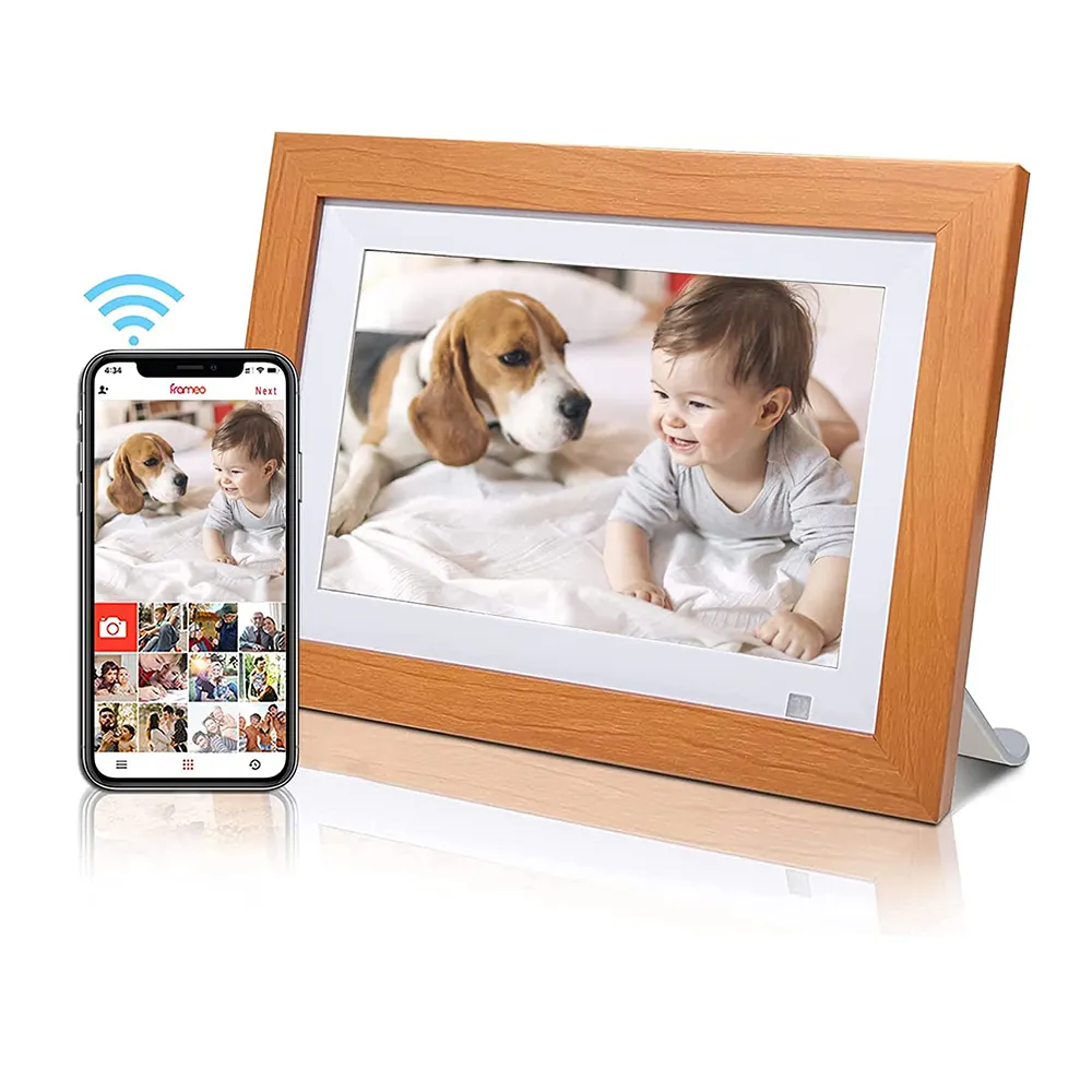 wholesale IPS Touch Screen Smart WiFi Digital Picture Frame 10.1 Inch with wooden cover 16GB Storage Share Photos via Free App