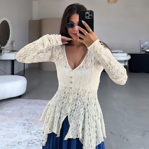 เสื้อคาร์ดิแกนลูกไม้สำหรับผู้หญิง แขนยาว คอวี ผ้าถักบาง มีกระดุม วัสดุเนื้อนุ่ม สไตล์แขนปกติ - Product Image 3