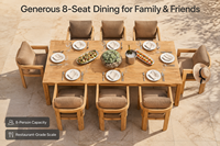 Ensemble de salle à manger d'extérieur en teck avec 8 fauteuils enveloppants, plateau de table à lattes et coussins à séchage rapide pour hôtel, complexe hôtelier, jardin, patio