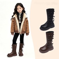 Süße Kinderstiefel in mittlerer Wadenlänge mit Schleifen, seitlichem Reißverschluss, schwarz-braun, Kunststoffsohle, Fleece gefüttert, für Mädchen, Herbst-Winter-Stiefel, ODM OEM