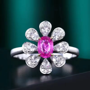 Anillo de Zafiro Rosa Natural con Corte Ovalado, Oro Sólido de 18K, Forma de Flor, Halo de Diamantes, Joyería Fina con Piedras Preciosas para Mujer - Product Image 1