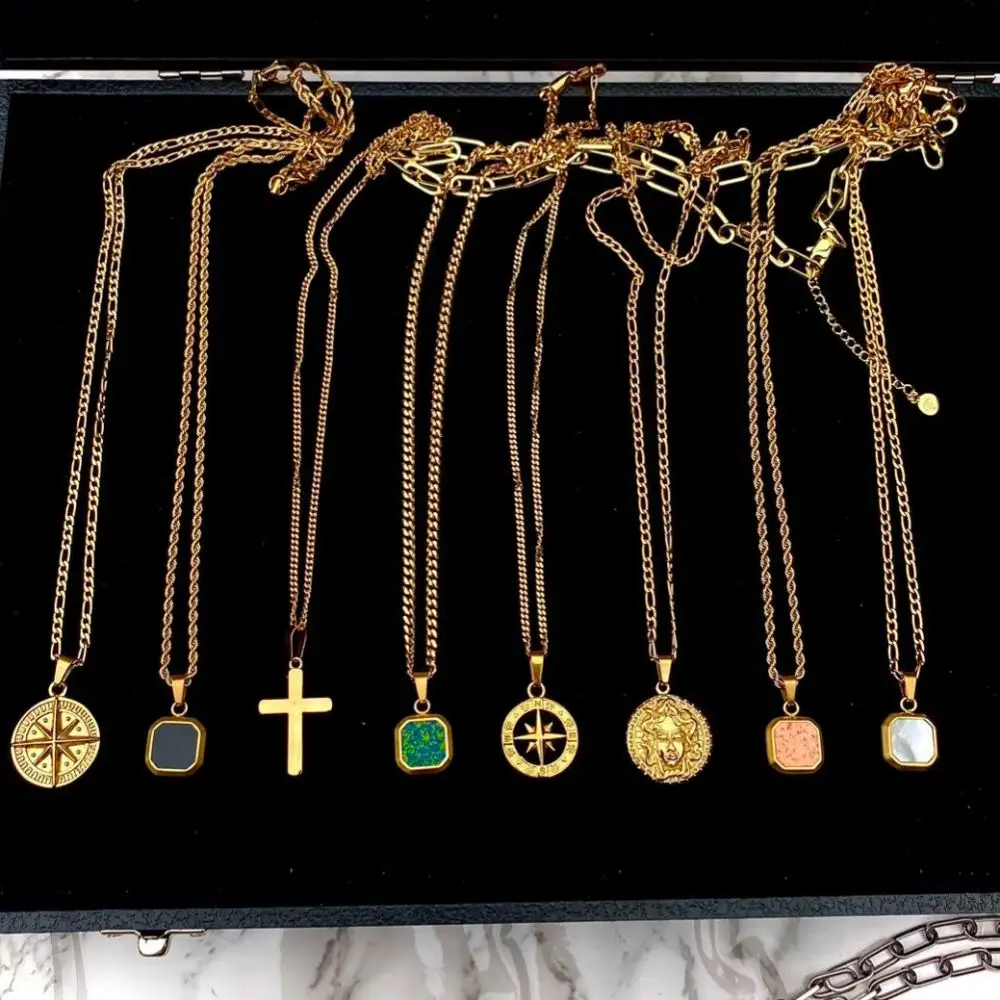 Mens Jewellery Bijoux En Acier Inoxydable Non Tarnish Waterproof 18k Gold Stainless Steel Compass Cross Medusa Pendants Necklace