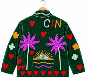 Indian Handmade Suzani Emerald Green <b>Velvet</b> Embroidered Bomber <b>Jacket</b> <b>Women</b> V-neck Long Sleeve Thick Winter Breathable Quick Dry - Product Image 2