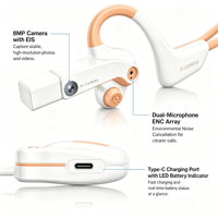 Casque intra-auriculaire avec caméra IA 8MP EIS 1080P, BT5.3 IP65 ENC, Type-C LED KWS Voice, TF 32GB, vidéo en vue à la première personne mains libres, usine OEM