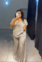 Nouvel ensemble d'été décontracté pour femme : haut rayé à col en V et manches courtes + pantalon large