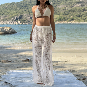 Pantalon de plage blanc en dentelle transparente à motif floral pour femme, coupe large, taille haute, long, idéal pour les vacances, nouvelle collection été 2026 - Product Image 3