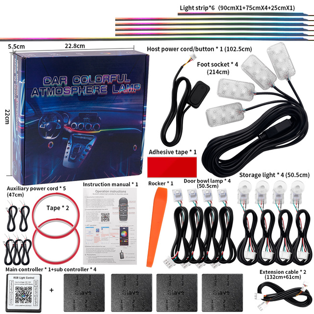 10/14/18 in 1 Led Car Ambient Lights 264 Color RGB Symphony Streamer Blue Tooth Rainbow Acrylic Strips Atmosphere Lamp Kit 12V