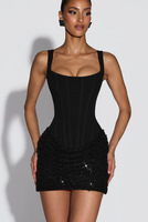 Robe mini femme rouge bordeaux à sequins brillants, col carré, sans manches, ourlet plissé, pour l'été, les soirées et le quotidien, modèle uni, Vestidos