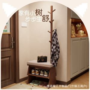 Solid wood Christmas tree-shaped <b>shoe</b> bench with coat rack, suitable for home use and entryway. - Product Image 3