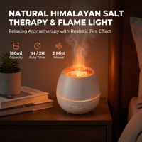 Diffuseur d'arômes d'huiles essentielles 180 ml avec sel de l'Himalaya, flamme réaliste, minuterie et brume nano, réglage du parfum pour la maison