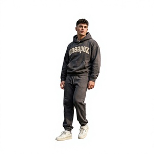 Ensemble survêtement streetwear gris foncé oversize pour homme, sweat à capuche et pantalon de jogging, broderie personnalisée, coton épais, deux pièces - Product Image 1