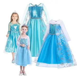 थोक राजकुमारी कॉस्टयूम सेक्विन जाल पार्टी एल्सा पोशाक सामान HCGD-071 के साथ बच्चों के लिए