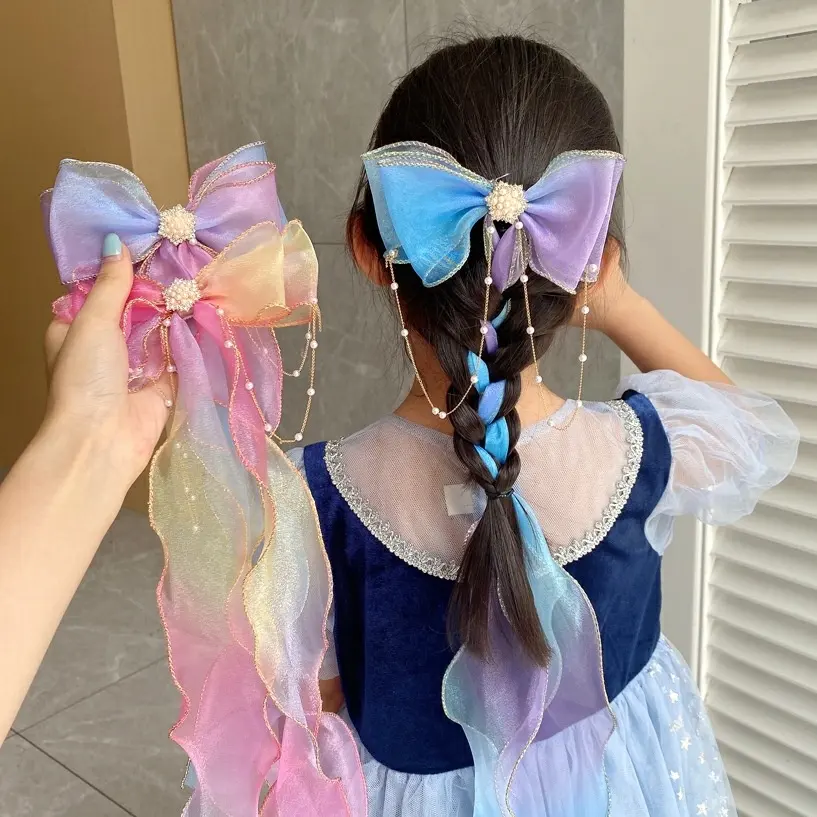 2022 Baby Girl Bows Hair Clips for Ponytail Princess Chiffon Hair Ties Hairpin for Girl Infant Kids Hair Band Accessories