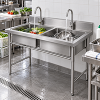 Évier de cuisine professionnel robuste et robuste en acier inoxydable 304 201 à double bac profond, fabriqué à la main, pour hôtels