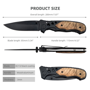 Đồ Dùng Giao Ngay Khuyến Mại Dao Bỏ Túi Gấp Gọn Màu Đen Bằng Thép Không Gỉ Cán Gỗ Để Cắm Trại Ngoài Trời Quà Tặng Cho Nam - Product Image 2