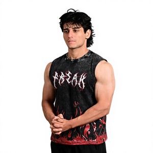 Débardeur sans manches pour homme, imprimé flamme noire et rouge, col rond, style streetwear, coton respirant, décontracté et élégant, idéal pour l'extérieur - Product Image 4