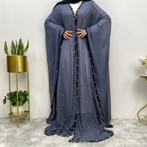 1653# Chiffon Beaded Open Abaya With Black Lace Bother and White Pearls Bat Sleeve Arabic Cardigan <b>Kaftan</b> - Product Image 2