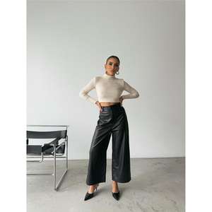 Leather Wide Leg Pants High Waist <b>Black</b> Pu <b>Fabric</b> Women's Trousers - Product Image 5