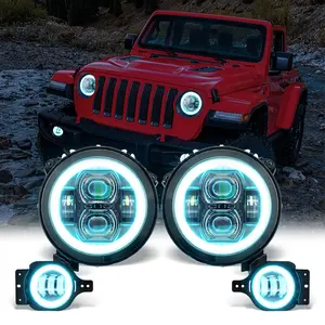 Lampu depan cincin halo RGB 9 inci, cocok dengan lampu kabut 4 "kombo dengan DRL putih, kit lampu sein kuning untuk Jeep Wrangler JL 2018 +