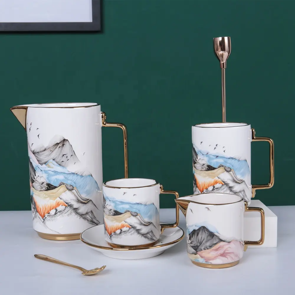 8 Stück New Season Nature Mountain Pattern Aufkleber Vergoldung Trink geschirr Kaffee Tee Set für Home Cafe Hotel Geschenk