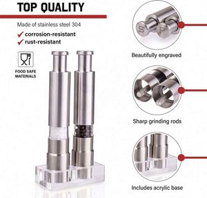 Mini Stainless-Steel One-Handed Thumb Push Button Spice Mill Salt and <b>Pepper</b> <b>Grinder</b> Set with Stand for BBQ - Product Image 5