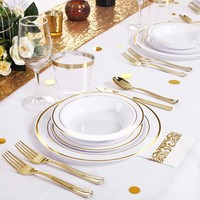 Vaisselle jetable de luxe personnalisée, bordures dorées et argentées réutilisables, assiettes en plastique pour les mariages, les événements de restauration