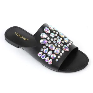 Western Strass Ronde Neus Wig Blok Hak Luxe Slippers Voor Vrouwen