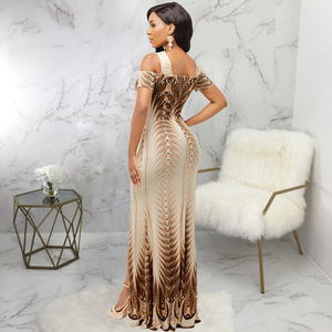 <span class=keywords><strong>Robe</strong></span> élégante à design <span class=keywords><strong>Robe</strong></span> sexy à impression numérique à la mode <span class=keywords><strong>Robe</strong></span> longue de soirée à épaules dénudées pour filles - Product Image 4