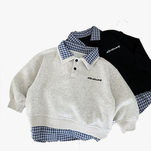Sweat-shirt pour garçons et filles, enfants, printemps-automne, mode, tendance, chemise à carreaux à deux pièces, col polo - Product Image 1