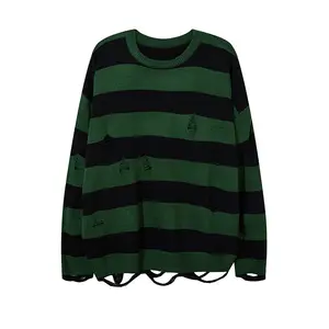 OEM Checked Knitting Models Striped Retro Color Matching Ripped Hip-hop Street Style Loose Men's Pullover Sweater