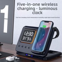 Station de charge sans fil DH15 5 en 1, chargeur de bureau avec horloge numérique, affichage de la température et de l'humidité pour téléphone, montre, écouteurs