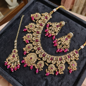Gold Plated Alloy Fancy Collection Geometric Zircon Pearl Kundan High Quality Latest Designed Wedding Necklace Earring <b>Set</b> - Product Image 3