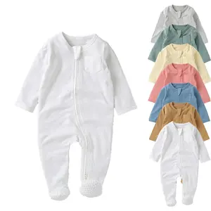 Pas de QUANTITÉ MINIMALE DE COMMANDE Manches Mitaines 100% Organique Coton Blanc Fermeture Éclair Blanc Bébé Foot Combinaisons Barboteuses