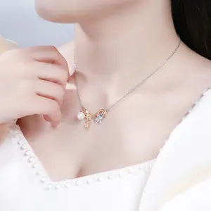 HAIKE Original 925 Sterling Silver Gold Plated 2 Tone Zircon Shell Beads Versatile Moon Rabbit Women's Necklace Pendant