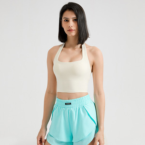 Wholesale Women's Halter Ruched Back Yoga Tank <b>Top</b> Square Neck Padded <b>Backless</b> Sports Crop <b>Top</b> Slim Fit Breathable Activewear - Product Image 2
