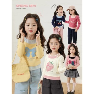 Childrens Faux Two Piece Long Sleeve T Shirt Cartoon Cotton Poplin Girls <b>Blouse</b> Fall 2025 New Style - Product Image 1
