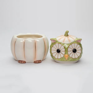 Pots à biscuits en céramique peints à la main Bocaux à bonbons de stockage d'Halloween Bocaux à biscuits hibou sculpté - Product Image 2