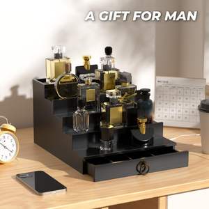 Organisateur de Cologne à 5 niveaux avec tiroir, présentoir et support de rangement en bois noir pour parfums, idée cadeau pour homme - Product Image 6