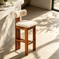 Tabourets de bar vintage français en bois massif avec assise en laine sherpa et repose-pieds rembourrés, sans accoudoirs, pour îlot de cuisine, comptoir, maison, café, mobilier