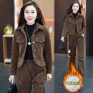 Ensemble deux pièces pour <span class=keywords><strong>femme</strong></span> en molleton gaufré, veste boutonnée et pantalon à cordon de serrage, tenue décontractée et chaude pour l'hiver - Product Image 3