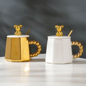 400ml <b>Cute</b> 3D Violent <b>Bear</b> Long Eared Rabbit Ceramic Mug with Gold Handle Coffee Cup and Water Cup with Lid - Product Image 6