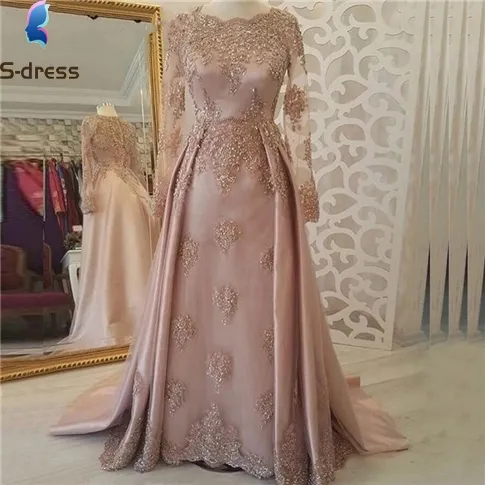 Luxury Lace Beading Evening Dress Satin Long Sleeves Prom Dresses Party Gowns